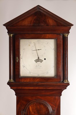 Lot 1281 - A GEORGE III FIGURED MAHOGANY REGULATOR LONGCASE CLOCK BY EVANS, ROYAL EXCHANGE, LONDON WITH 10 INCH SILVERED DIAL