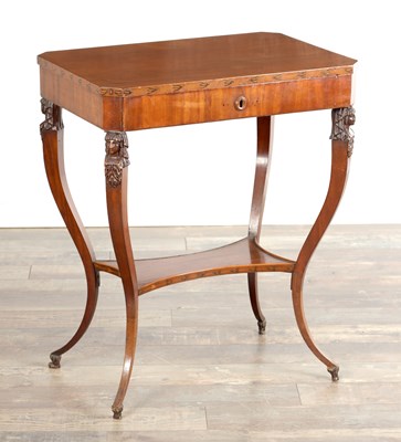 Lot 1493 - A 19TH CENTURY MAHOGANY WORK TABLE POSSIBLY RUSSIAN WITH CARVED CARYATID SUPPORTS