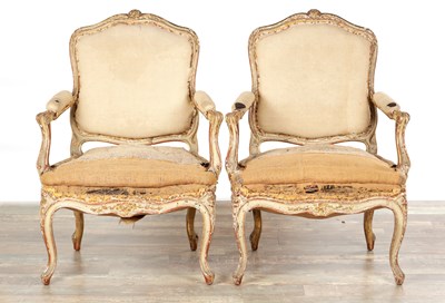 Lot 1484 - A PAIR OF 18TH CENTURY FRENCH PAINTED WOOD ROCOCO STYLE OPEN ARMCHAIRS