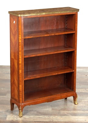 Lot 1440 - A 19TH CENTURY FRENCH KINGWOOD AND MARBLE TOPPED OPEN BOOKCASE