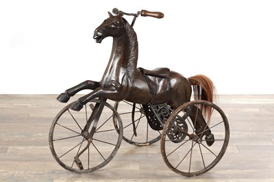 Lot 927 - A 19TH CENTURY STYLE CARVED WOOD HORSE VELOCIPEDE TRICYCLE
