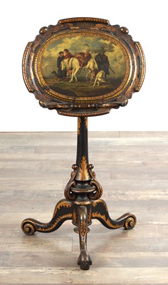 Lot 1426 - A 19TH CENTURY PAPIER MACHE LACQUERWORK ADJUSTABLE MUSIC TABLE WITH A PAINTED SCOTTISH HUNTING SCENE
