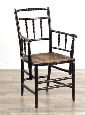 Lot 1472 - A LATE 19TH CENTURY ENGLISH ARTS AND CRAFTS EBONISED BEECH SUSSEX ARMCHAIR WITH RUSH SEAT