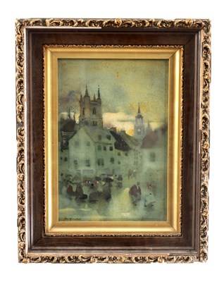Lot 667 - JAMES WATTERSTON HERALD (BRITISH 1859-1914) AN IMPRESSIONIST WATERCOLOUR OF AN EDINBURGH STREET SCENE