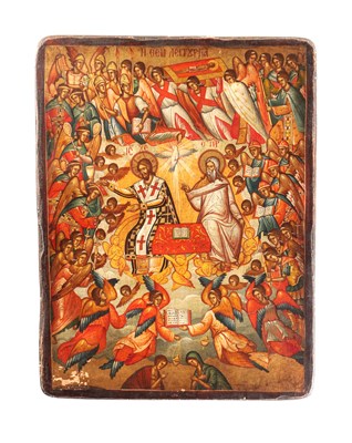 Lot 683 - A GREEK PAINTED WOOD ICON THE DIVINE LITURGY