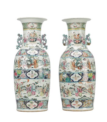 Lot 602 - A PAIR OF 19TH CENTURY CHINESE FAMILLE ROSE PORCELAIN BALUSTER VASES