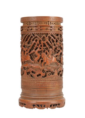 Lot 593 - A 19TH CENTURY CHINESE CARVED BAMBOO RETICULATED BRUSH POT