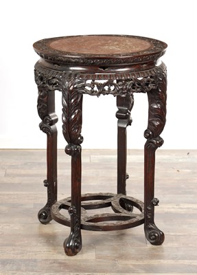 Lot 521 - A 19TH CENTURY CHINESE CARVED HARDWOOD JARDINIERE STAND WITH INSET MARBLE TOP