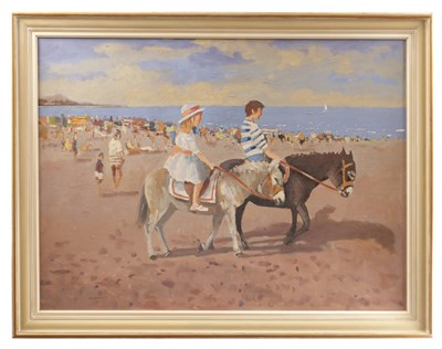 Lot 881 - WILLIAM NORMAN GAUNT BRITISH 1918-2001 A 20TH CENTURY OIL ON CANVAS BEACH SCENE WITH CHILDREN ON DONKEYS
