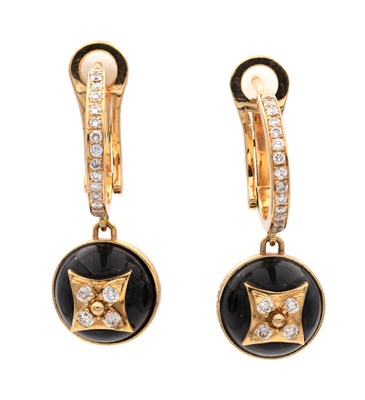 Lot 323 - A PAIR OF LOUIS VUITTON 18CT YELLOW GOLD DIAMOND AND ONYX EARRINGS