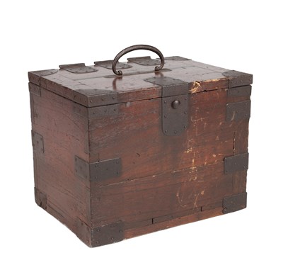 Lot 543 - A 19TH CENTURY JAPANESE WOOD AND IRON-MOUNTED SANZURI BAKO CALLIGRAPHY BOX