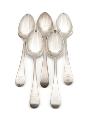 Lot 127 - A COLLECTION OF FIVE GEORGIAN ENGLISH SILVER TABLE SPOONS