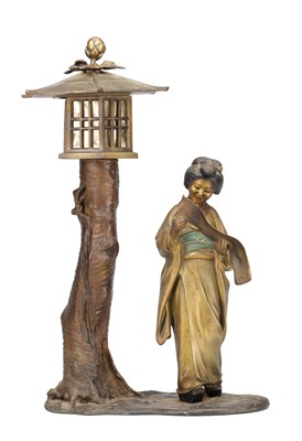 Lot 550 - A JAPANESE MEIJI PERIOD COLD PAINTED BRONZE FIGURAL LAMP