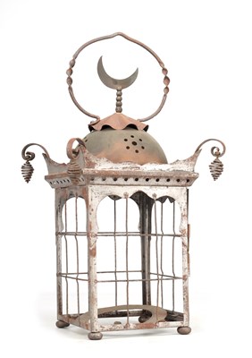 Lot 560 - A 19TH CENTURY ORIENTAL STEEL LANTERN WITH CRESCENT FINIAL