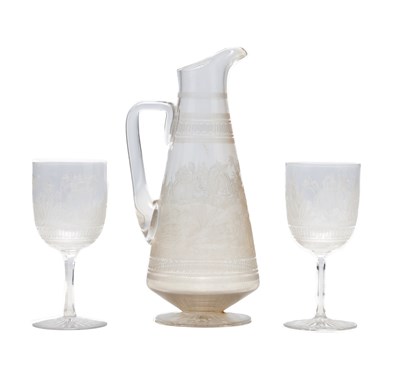 Lot 560 - A ROWLAND WARD ACID-ETCHED GLASS JUG AND PAIR OF GOBLETS