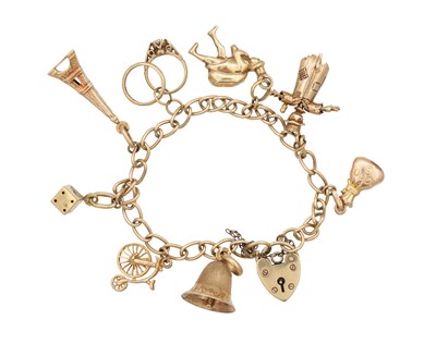 Lot 237 - A 9CT YELLOW GOLD CHARM BRACELET WITH HEART PADLOCK CLASP