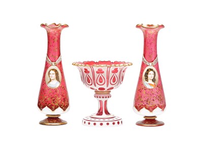 Lot 10 - THREE LATE 19TH CENTURY BOHEMIAN RUBY CUT TO OPALINE AND GILT GLASS PIECES