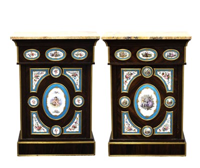 Lot 1536 - A PAIR OF MID 19TH CENTURY FRENCH ORMOLU MOUNTED CALAMANDER AND SEVRES STYLE PORCELAIN CABINETS