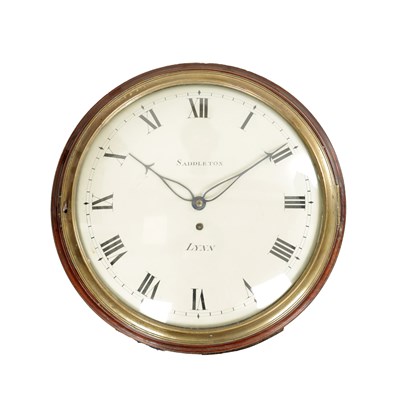Lot 1213 - SADDLETON, LYNN. A GEORGE III MAHOGANY WOODEN DIAL FUSEE WALL CLOCK