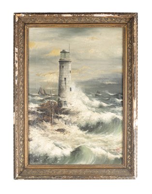 Lot 663 - FRANK WATSON WOOD (BRITISH 1862-1953) AN EARLY 20TH CENTURY OIL ON CANVAS SEASCAPE WITH LIGHTHOUSE