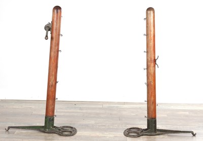 Lot 990 - A PAIR OF 19TH CENTURY MAHOGANY AND CAST IRON LAWN TENNIS NET POSTS