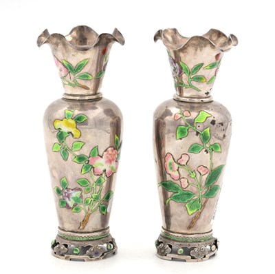 Lot 446 - A PAIR OF CHINESE ENAMELLED SILVER VASES