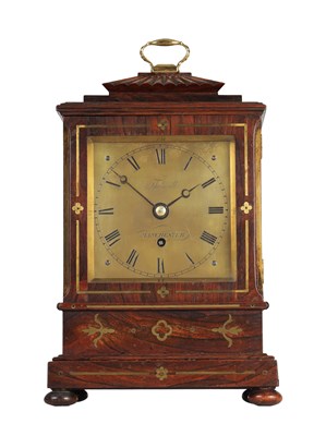 Lot 1202 - THELWELL, MANCHESTER. A WILLIAM IV ROSEWOOD AND BRASS INLAID FUSEE MANTEL CLOCK