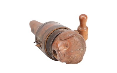 Lot 767 - A 19TH CENTURY CARVED WOOD AND IRON BARREL TAP/CASK BORER