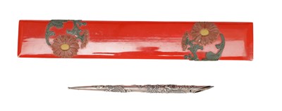 Lot 460 - A JAPANESE RED LACQUER PEN BOX AND A SILVER METAL DRAGON PEN