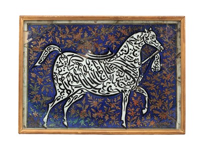 Lot 591 - A PERSIAN REVERSE-PAINTED GLASS PANEL OF A CALLIGRAPHIC HORSE