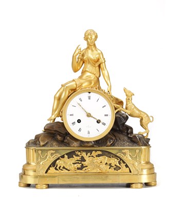 Lot 1245 - AN EARLY 19TH CENTURY FRENCH ORMOLU AND PATINATED BRONZE FIGURAL MANTEL CLOCK