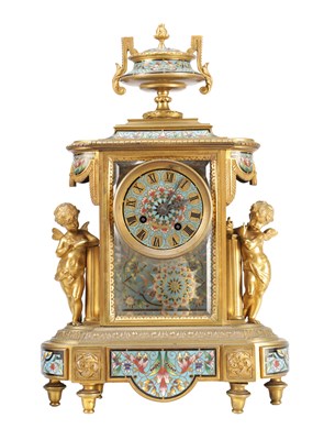 Lot 1185 - A LATE 19TH CENTURY FRENCH ORMOLU AND CHAMPLEVE ENAMEL FIGURAL MANTEL CLOCK