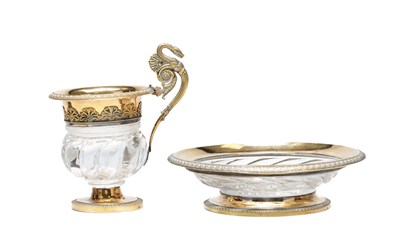Lot 138 - TWO CONTINENTAL SILVER GILT MOUNTED CUT GLASS JUG AND DISH