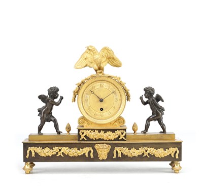 Lot 1188 - A REGENCY ENGLISH BRONZE AND ORMOLU FUSEE MANTEL CLOCK WITH EAGLE FINIAL AND PUTTI