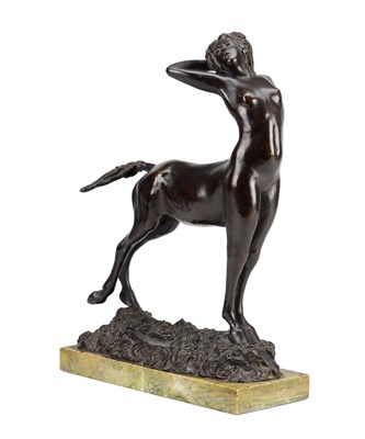 Lot 891 - WALTER WINANS AN EARLY 20TH CENTURY PATINATED BRONZE FIGURE 'THE CREATURESS' ON GREEN MARBLE BASE