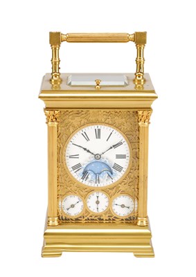 Lot 1220 - A 19TH CENTURY FRENCH GILT BRASS REPEATING CARRIAGE CLOCK WITH CALENDAR AND MOONPHASE