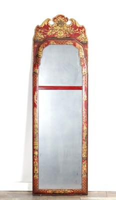 Lot 1549 - A QUEEN ANNE STYLE SCARLET LACQUER CUSHION FRAMED MIRROR