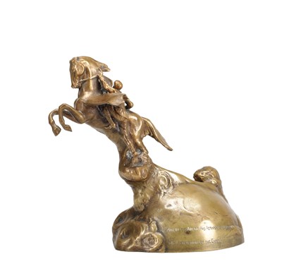 Lot 1054 - PAUL MOREAU-VAUTHIER, A FRENCH GILT BRONZE EQUESTRIAN GROUP THE MAN BY THE AID OF HIS AEROPLANE, OVERCOMES THE ATTRACTION OF THE EARTH