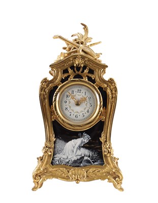 Lot 1301 - A 19TH CENTURY FRENCH GILT BRONZE AND PORCELAIN PANEL MANTEL CLOCK