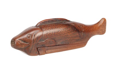 Lot 802 - A CARVED MAHOGANY FISH-FORM SNUFF BOX