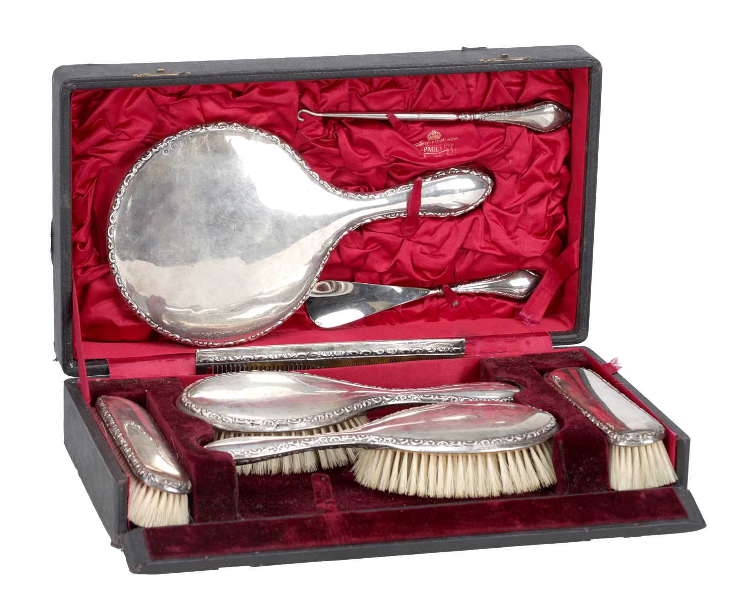 Lot 6 - A VICTORIAN SILVER DRESSING TABLE SET IN FITTED CASE