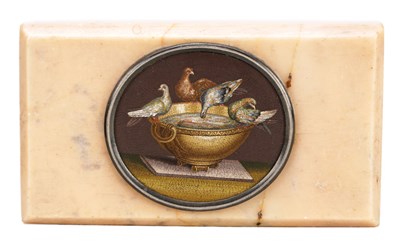 Lot 984 - A 19TH CENTURY ITALIAN GRAND TOUR MICRO MOSAIC PLAQUE ON MARBLE