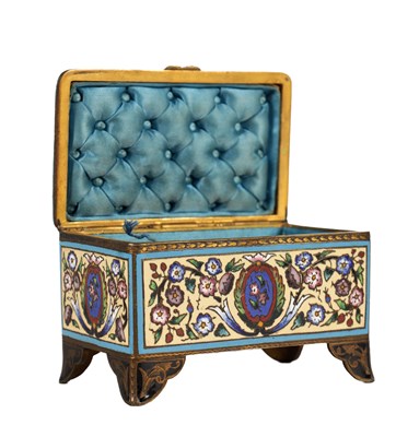 Lot 1020 - A 19TH CENTURY CONTINENTAL ENAMEL AND ORMOLU JEWELLERY CASKET
