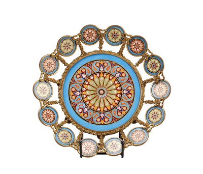 Lot 932 - A LATE 19TH CENTURY FRENCH POLYCHROME PAINTED AND GILT-DECORATED CERAMIC CHARGER WITH GILT BRONZE MOUNT