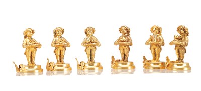 Lot 93 - A SET OF SIX 20TH CENTURY ITALIAN SILVER GILT PLACE CARD HOLDERS IN THE FORM OF SERVANTS