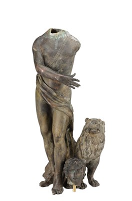Lot 1038 - AN EARLY BRONZE FIGURE GROUP OF A CLASSICAL YOUTH AND LION