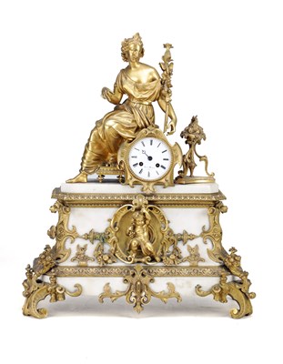Lot 1218 - A LARGE 19TH CENTURY FRENCH WHITE MARBLE AND ORMOLU MOUNTED FIGURAL MANTEL CLOCK