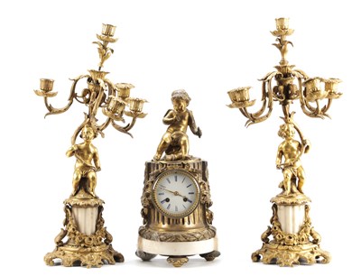 Lot 1229 - A THREE PIECE 19TH CENTURY FRENCH WHITE MARBLE AND ORMOLU MOUNTED CLOCK GARNITURE