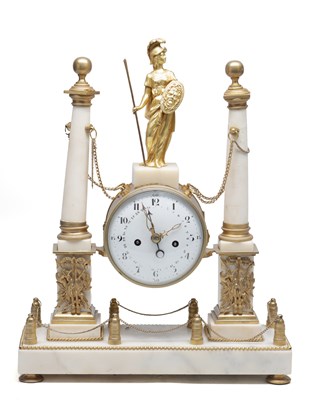 Lot 1353 - A 19TH CENTURY FRENCH WHITE MARBLE AND ORMOLU MOUNTED EMPIRE STYLE MANTEL CLOCK WITH MINERVA FIGURE