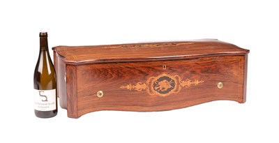 Lot 1080 - A MID 19TH CENTURY SWISS ROSEWOOD AND MARQUETRY CYLINDER MUSIC BOX